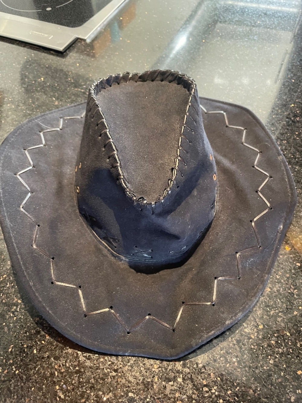 Western Cowboy Cowgirl Hat black suede leather decorative stitching simulated